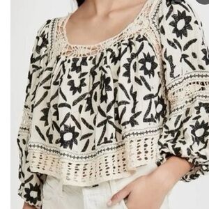 CHRISTIAN SIRIANO / Linen Blend Crochet Peasant Top Size M